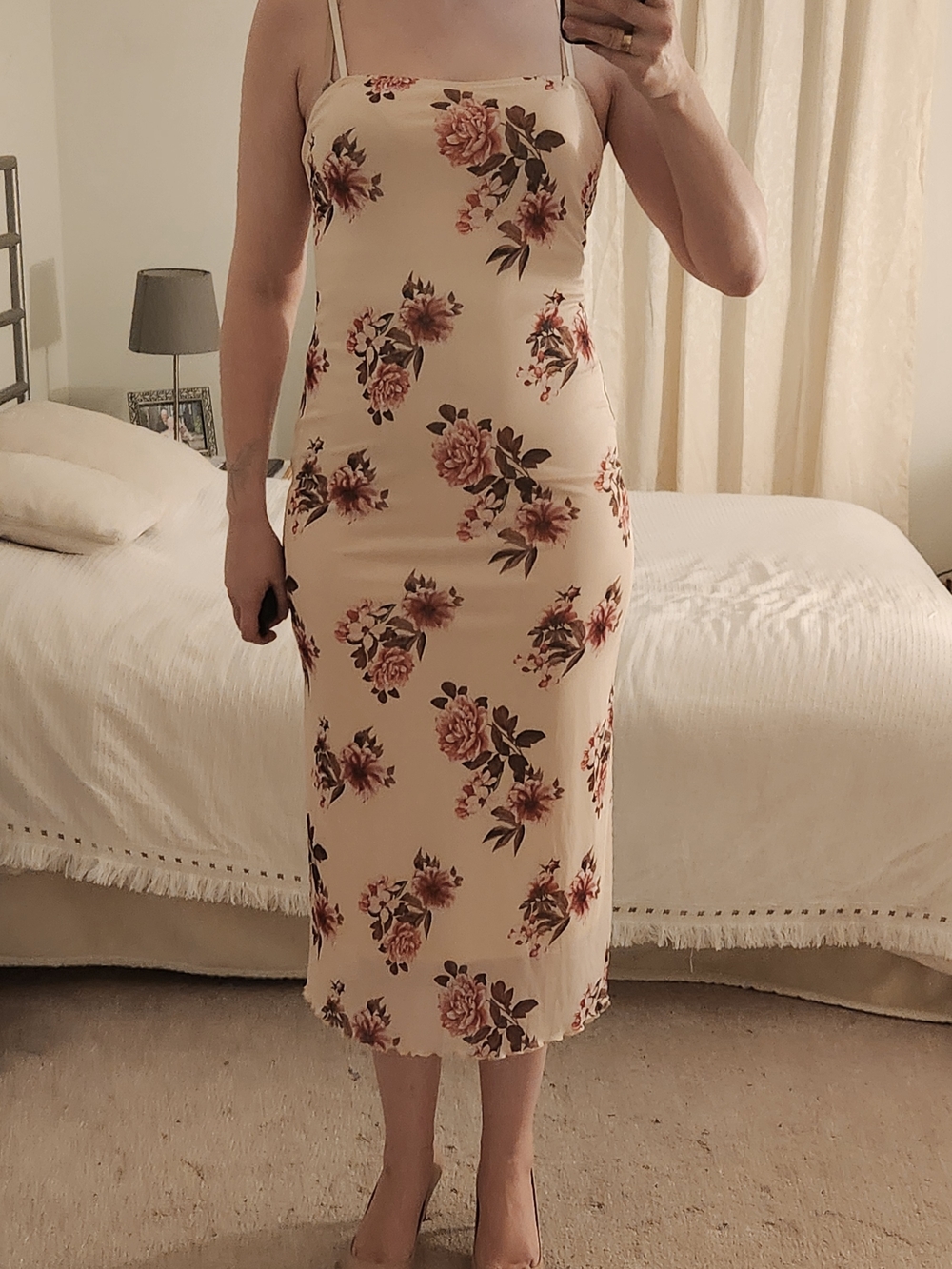 SHEIN Cream Floral Slip Midi Dress with Rose Print